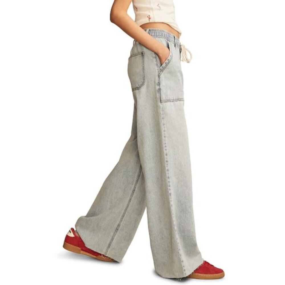 NWT Lucky Brand Patch Pocket Wide Leg Pull On Jeans Drawstring Light Wash -L - Picture 2 of 7